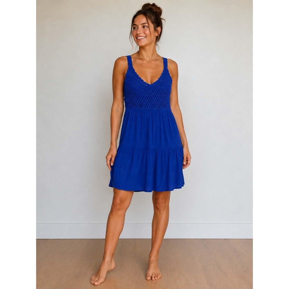 Studio West Royal Blue Crochet Tiered Boho Sun Dress Womens Large RN89389